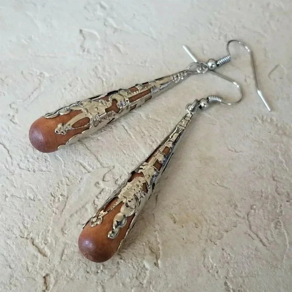 Handcrafted Victorian Style Brown Wood Silver Filigree Teardrop Earrings - Picture 1 of 7